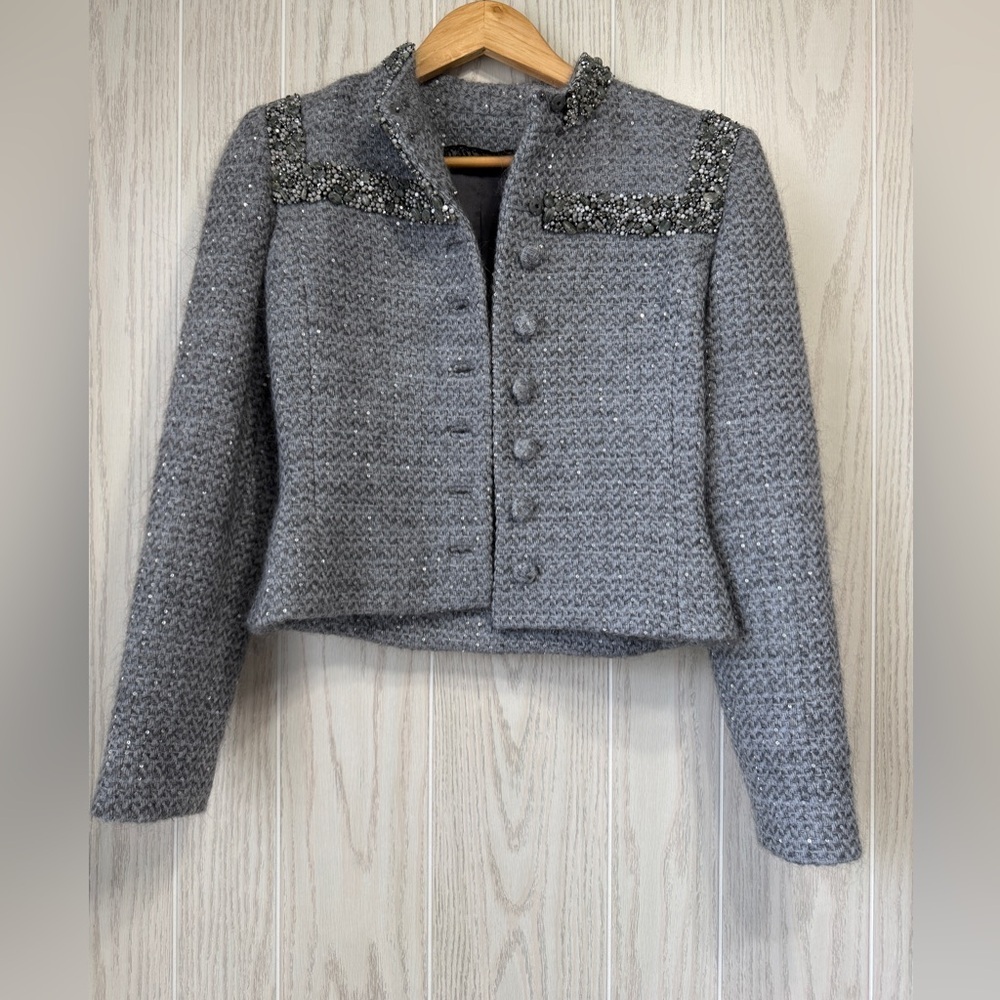 Peggy Jennings Gray Embellished Tweed Blazer Jacket NWT
